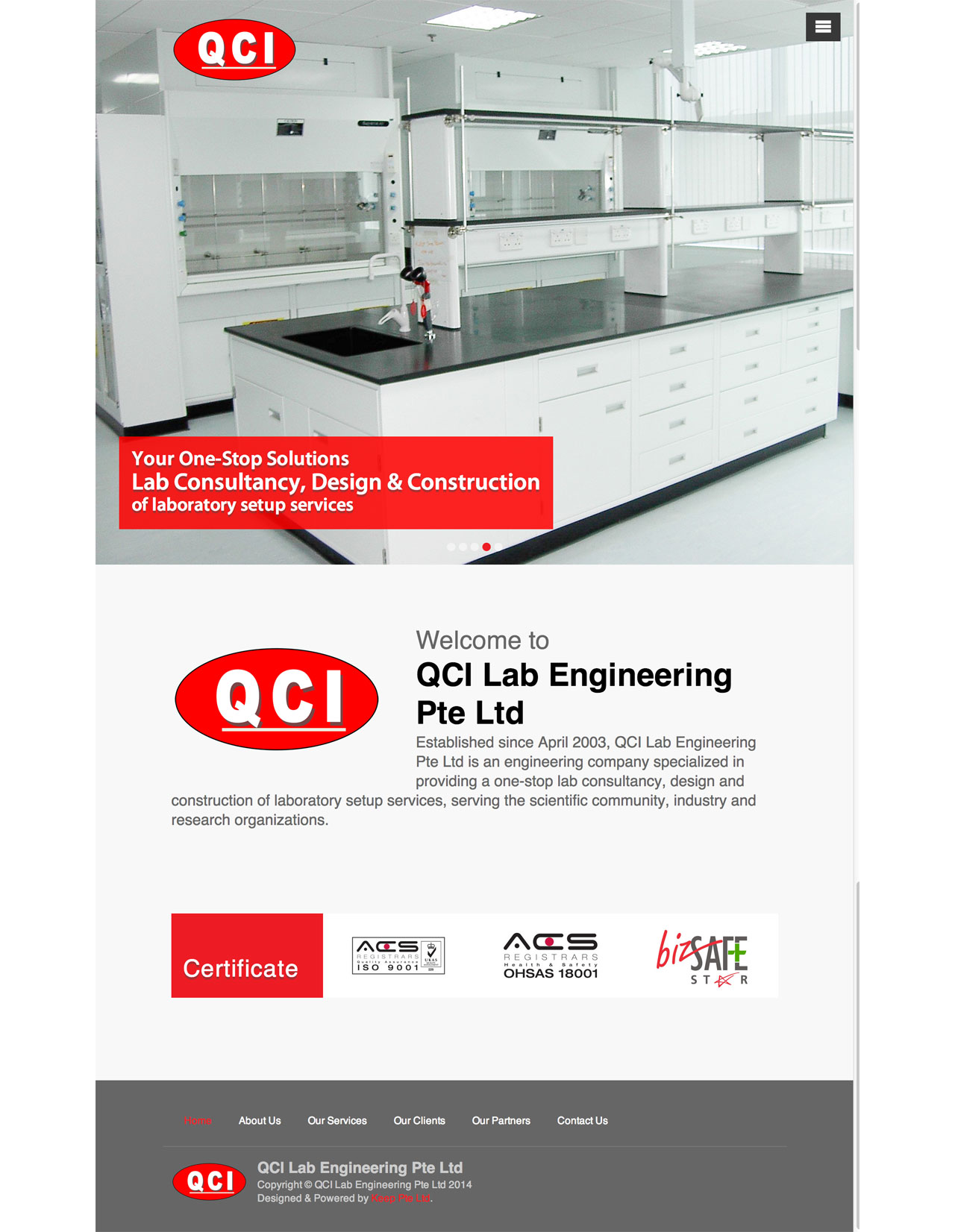 Qci Lab Engineering Pte. Ltd. website homepage on tablet