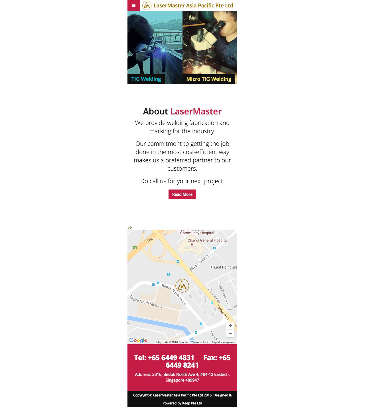 Lasermaster website homepage on mobile