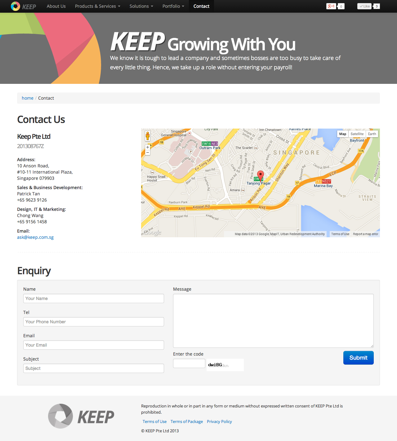 Keep Pte Ltd website contact us page
